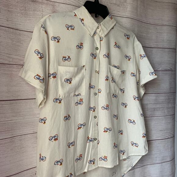 Rae Dunn Women's Linen Bicycle Pattern Button Up Shirt Short Sleeve Collar Large - Picture 16 of 16